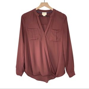 Maeve Burgundy Faux Wrap Long Sleeve 2-Pocket Blouse